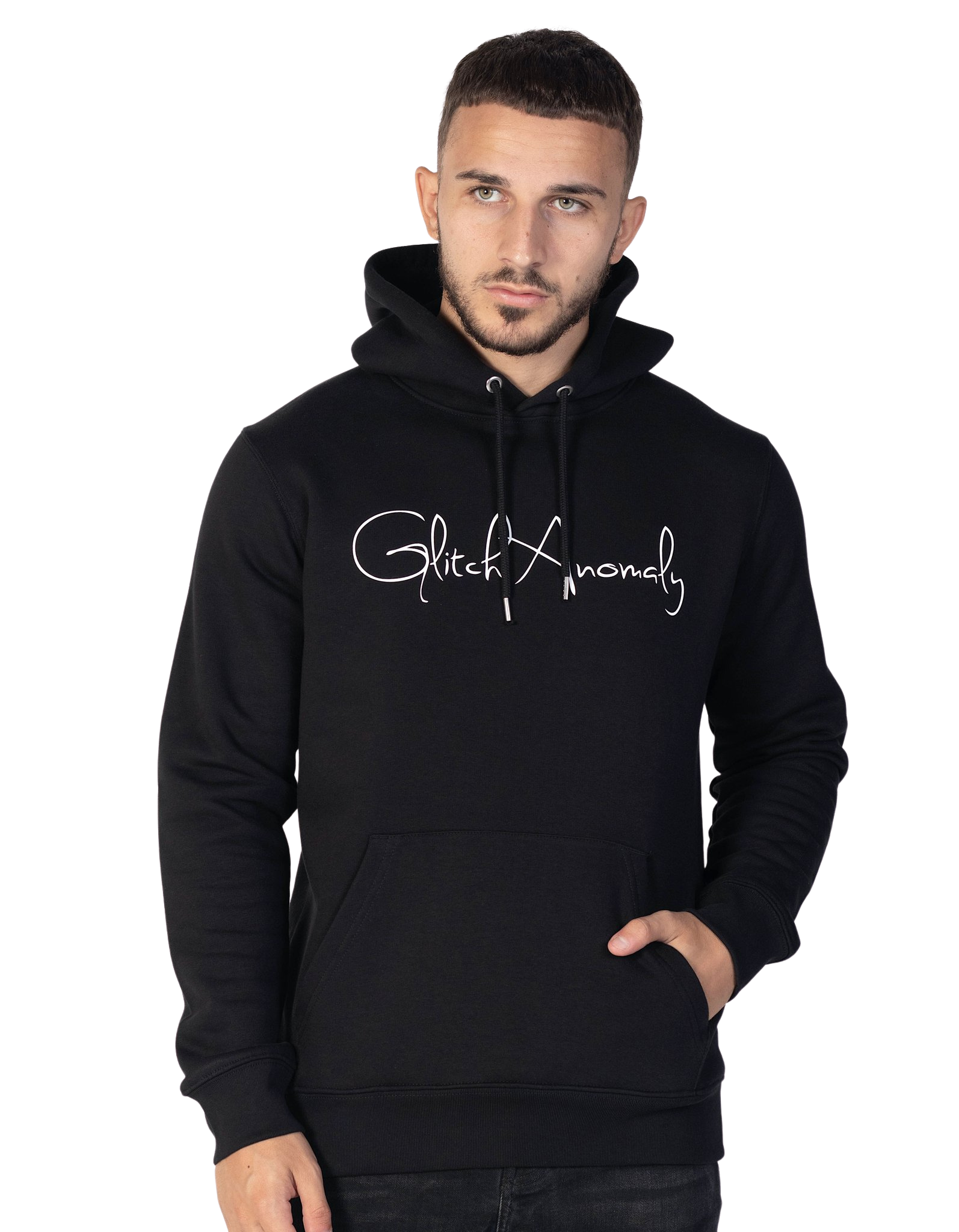 Model wearing a Black Glitch Anomaly Signature Hoodie. The model is standing in front of white background, with his left hand in the hoodie pocket and right hand by his side.